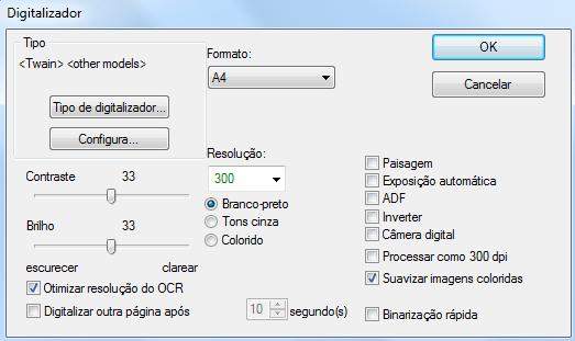 Abaixo você encontra uma visão geral de todas as configurações disponíveis de digitalizador.