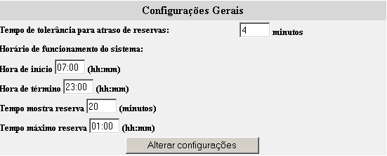 Empréstimo de cabines 1.1.6 CONFIGURAÇÕES 1.1.7 MAPA Permite configurar o tempo em que a cabine pode ficar reservada e o horário de funcionamento do sistema de cabines.