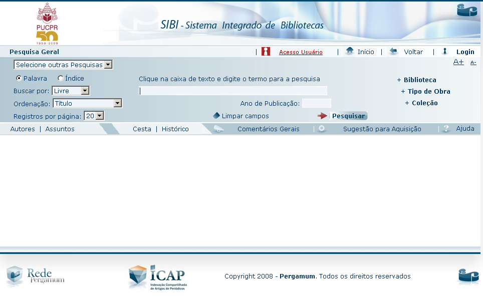 3. ICAP ICAP Indexação Compartilhada de Artigos de Periódicos tem como objetivo criar um serviço de indexação de artigos de periódicos nacionais, das bibliotecas integrantes da Rede Pergamum.