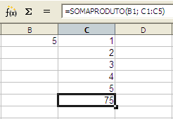 Programando Macros sem Objetos Versão β Para usar esta função numa célula de uma planilha do documento basta digitar a fórmula: = SomaProduto (B1; C1:C5) OBS: B1 contém o valor e C1:C5 é a extensão