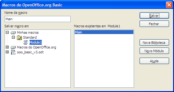 Versão β Trabalhando com Macros Note a biblioteca Standard, contendo o módulo Module1 e, do lado direito, as macros Main e buscapalavra existentes no Module1.