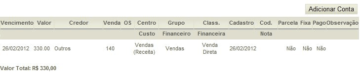 Financeiro 71 Conta Fixa: Selecione Não ou Sim.