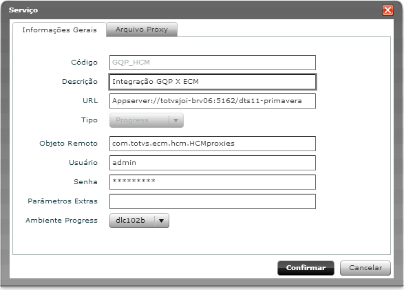 Cadastro de Serviço do GQP_HCM: Necessário o cadastro do serviço Progress para a utilização a integração de solicitações do ECM com o HCM.
