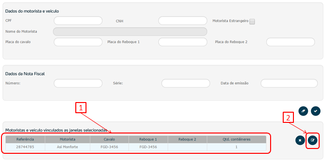 3.4 Alterar Dados de Transporte 1. Selecionar a unidade; Figura 6 2. Clicar na aba Transporte. Figura 7 1. Selecionar o motorista; 2. Clicar no botão Alterar.