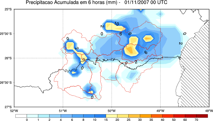 Figura 6: Estimativas de Precipitação por Radar (a), satélite (b), Rede de Pluviômetros (c) e a integração de todos as estimativas (d) para a bacia do alto e médio Iguaçu.