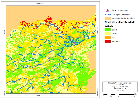 Através do mapa de Vulnerabilidade (Figura 3) é possível se observar que grande parte da bacia apresenta níveis médio e alto cujo valores atingiram de 3 a 4 respectivamente em uma escala de 1 a 5.