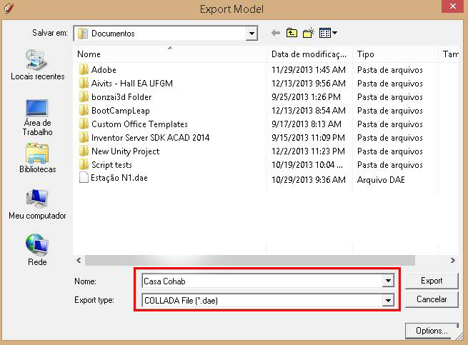 Exportação Para exportar um arquivo feito no SketchUp para ser utilizado no Unity deve-se seguir os seguintes passos: 1- Salve o arquivo do SketchUp em formato DAE, conforme mostra as imagens a