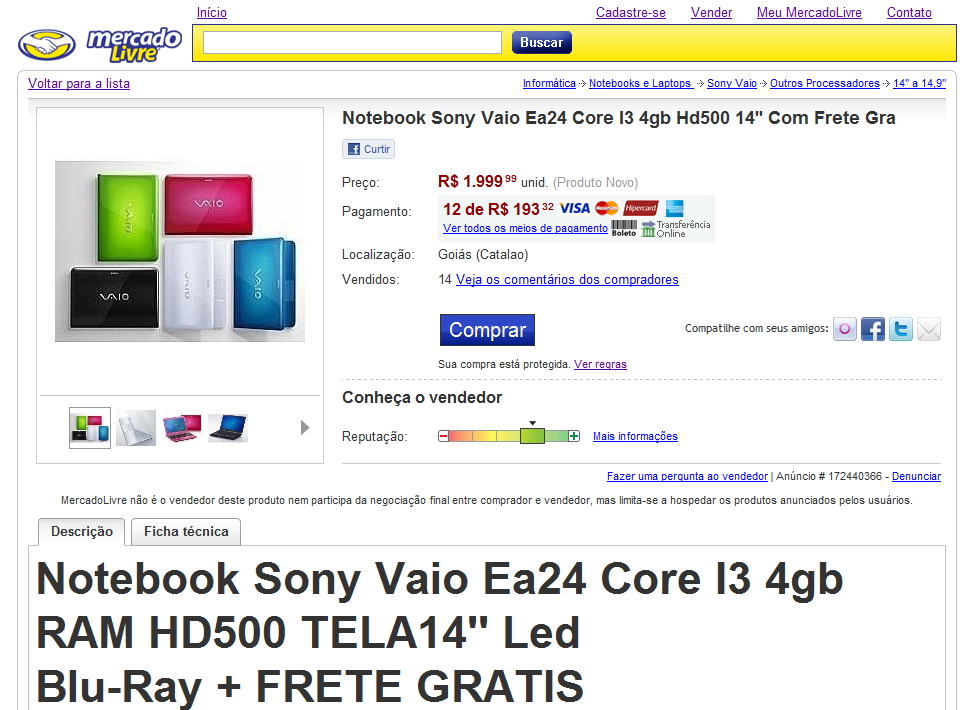 Como você pode ver, trata-se de um a núncio de um Notebook, da marca Sony Vaio, cadastrado na categoria Informática, e subcategoria Notebooks e Laptops -> Outros Processadores -> 14 a 14,.