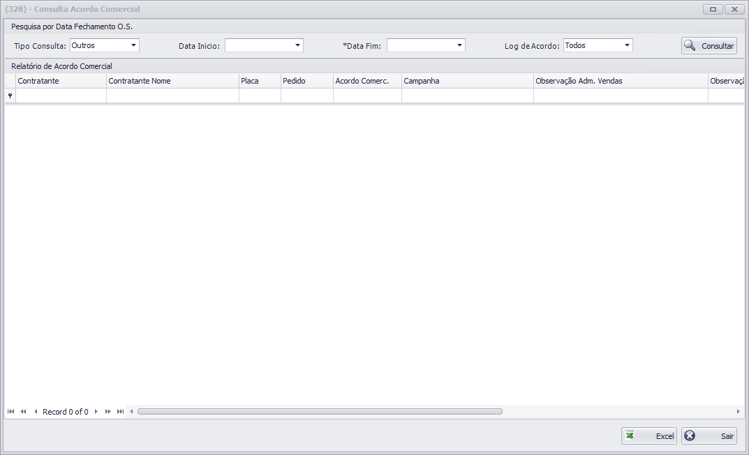 Acordo Comercial SPY Comercial o AirTime Consulta Acordo Comercial (328) Na Tela 328 foi adicionado mais um campo para filtro, este campo é para selecionar se o tipo de consulta que pode ser: Outros:
