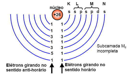 Porém, pode acontecer uma resultante magnética quando um número de elétrons gira em um sentido e um número menor de elétrons gira em outro. É o caso do átomo de ferro, representado na figura 1.2.