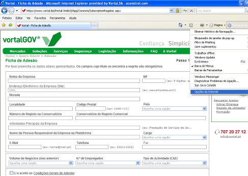 Configuração do Internet Explorer Versão Windows 2000/XP Informamos que para efectuar as alterações apresentadas neste manual, deverá ter permissões de configuração do seu computador.