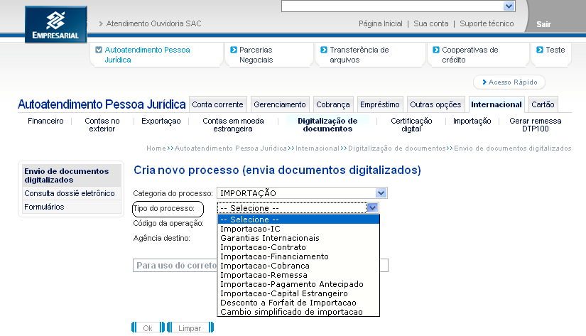 Para a categoria FINANCEIRO, você poderá escolher os seguintes tipos de processos: