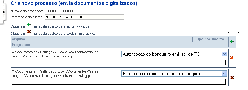 Os arquivos que possuírem erro ou mesmo os que não apresentarem problema algum, mas que tenham sido vinculados indevidamente ao processo poderão ser excluídos clicando-se no botão ( X ) em vermelho