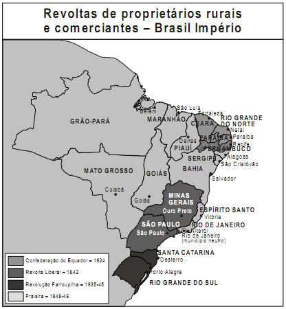 QUESTÃO 7 A análise do mapa e os conhecimentos sobre as revoltas nele representadas permitem afirmar: A) A Confederação do Equador conquistou a autonomia das províncias envolvidas até a Proclamação