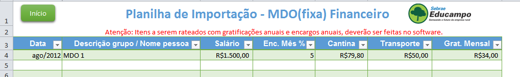 CONSIDERAÇÕES SOBRE INSERÇÃO DE DADOS NA PLANILHA Tela semelhante ao software: RD talhão. Inserção de horas trabalhadas do funcionário e a vinculação do mesmo. Tela semelhante ao software: MDO Mensal.