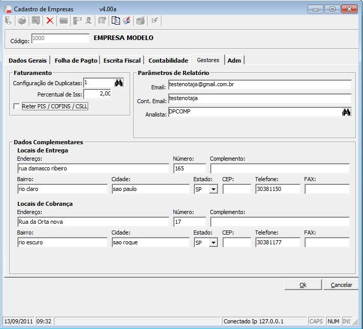 EMPRESAS\GESTORES- Devem ser indicadas informações referentes à configuração de