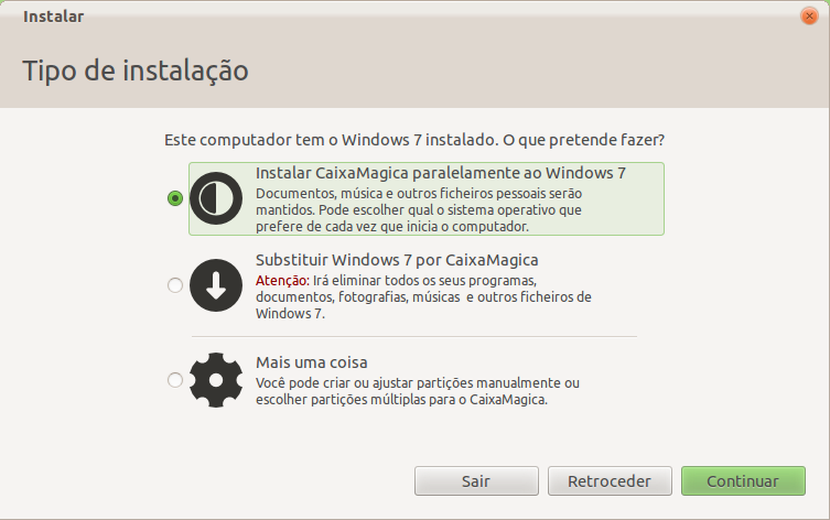 3.Instalação do Linux Caixa Mágica 17 Figura 3.5: Apagar Disco e Instalar Caixa Mágica 17 Se já tiver um sistema operativo instalado no seu PC irão aparecer os seguintes ecrãs: Figura 3.