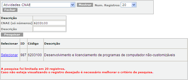 A seguir, devem ser informados os códigos CNAE (Classificação Nacional de Atividades Econômicas) correspondentes às atividades exercidas pela sociedade ou entidade, conforme a Figura 21.