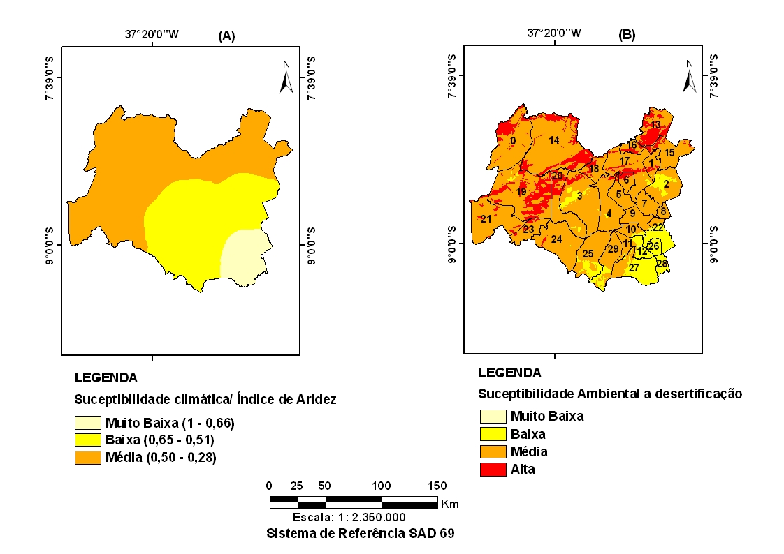 As manchas de Baixa susceptibilidade climática a desertificação estão concentradas ao sul e sudeste da área de estudo com destaque para os municípios de Terezinha, Brejão, Bom Conselho e Lagoa do