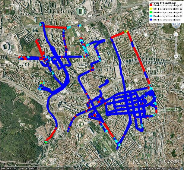 A figura 11 apresenta o nível de sinal da tecnologia UMTS e a figura 12 o nível de sinal do DVB-SH.