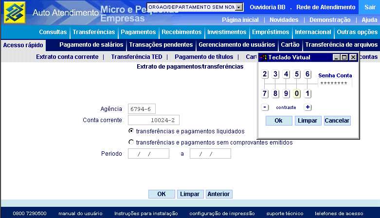 4º Clique em Confirmar, para que o sistema forneça o comprovante de pagamento Títulos BB para liquidação Esta opção do Gerenciador Financeiro permite pesquisa de títulos por data de início,