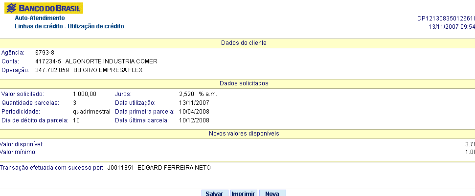 7º. Escolha opção entre Utilização de crédito - Capital de Giro e Pagamento a Fornecedores. 8º.