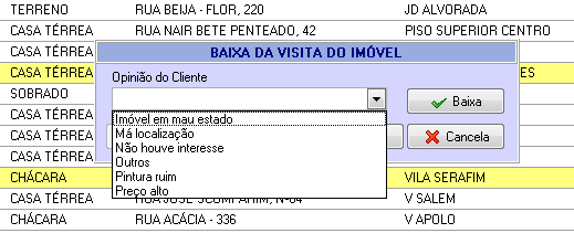 BAIXA DA VISITA Para dar baixa em uma visita, clique em Baixa Visitas e a tela abaixo será exibida apresentando todos os clientes que estão visitando imóveis neste momento.