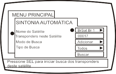 Excluir Satélite Opção para quem está utilizando algum Comando de Antena (pág 10). Para excluir somente os canais e transponders de um satélite sintonizado. 4.