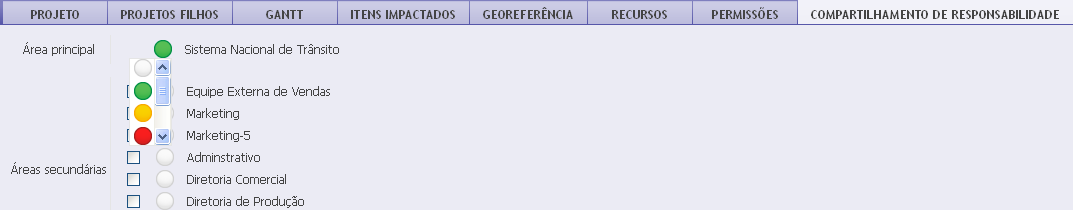 129 Para que os faróis de comprometimento apareçam, deve-se acessar a aba Compartilhamento de Responsabilidade no detalhamento do projeto estratégico, clicar no farol branco e atribuir um farol para