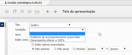 66 Figura: Tempo esgotado Nas telas de exibição de gráficos da apresentação, foram criadas as seguintes condições: relatório de acompanhamento preenchido e desempenho inferior a 100%.