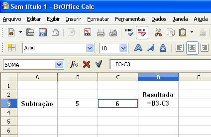 3.2.3 Subtração Para realizar uma subtração, basta digitar o símbolo =, informar os endereços das células