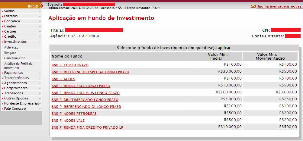 51 Figura 11: tela da funcionalidade investimento não possui o campo Ajuda Fonte: www.bnb.gov.