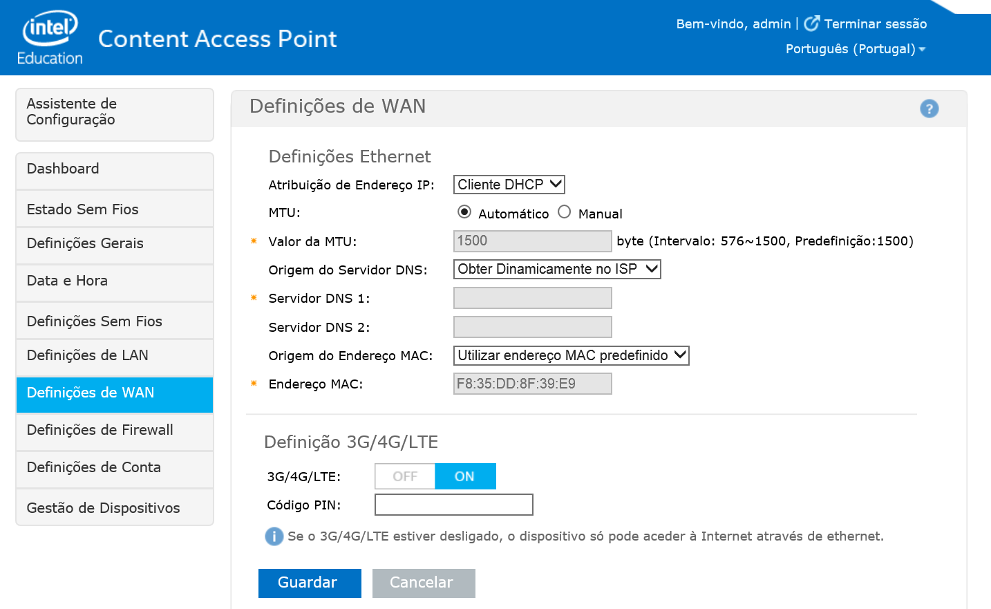 Guia Avançado do Administrador k. Ligue o dispositivo premindo continuamente o botão para ligar/desligar durante dois segundos. Vá a Definições de WAN. (Ver Imagem 42.