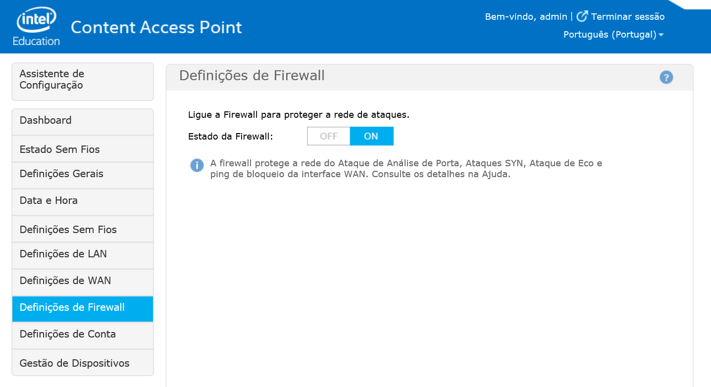 Guia Avançado do Administrador 5.9 Definições da firewall A firewall, que está activada por predefinição, protege do Ataque de Análise de Porta, Ataques SYN e Ataque de Eco.