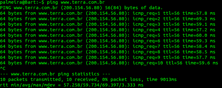 ping, disparando 10 pacotes teste até o endereço do site www.terra.com.br, foi obtido o mostrado na figura 20 a seguir: Figura 20 Medições usando protocolo ICMP, com conexão ADSL.