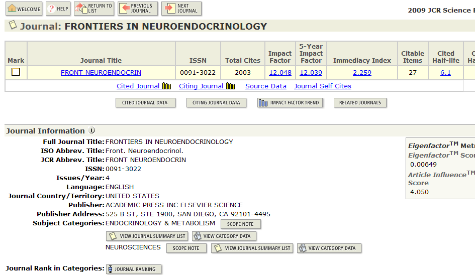 O Journal Frontiers in Neuroendocrinology possui um fator impacto de 12,048. Você poderá ver como esse fator foi calculado clicando diretamente sobre ele.