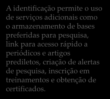 A identificação permite o uso de serviços adicionais como o armazenamento de bases preferidas para pesquisa, link para acesso