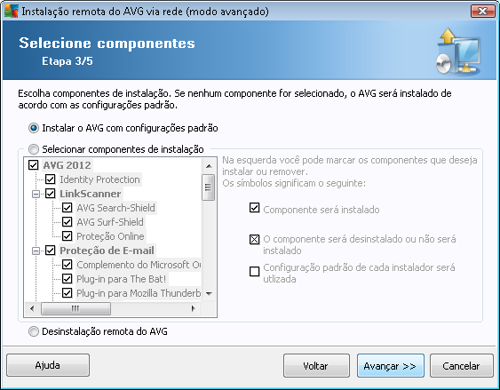 Nesta etapa, você pode optar por instalar o <%AVG%> com as configurações padrão ou selecionar componentes personalizados.