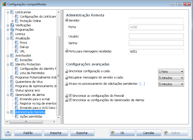 10.1.3. Administração Remota As configurações da Administração Remota disponíveis no Console do AVG Admin contêm algumas configurações adicionais (em comparação com as configurações da estação).