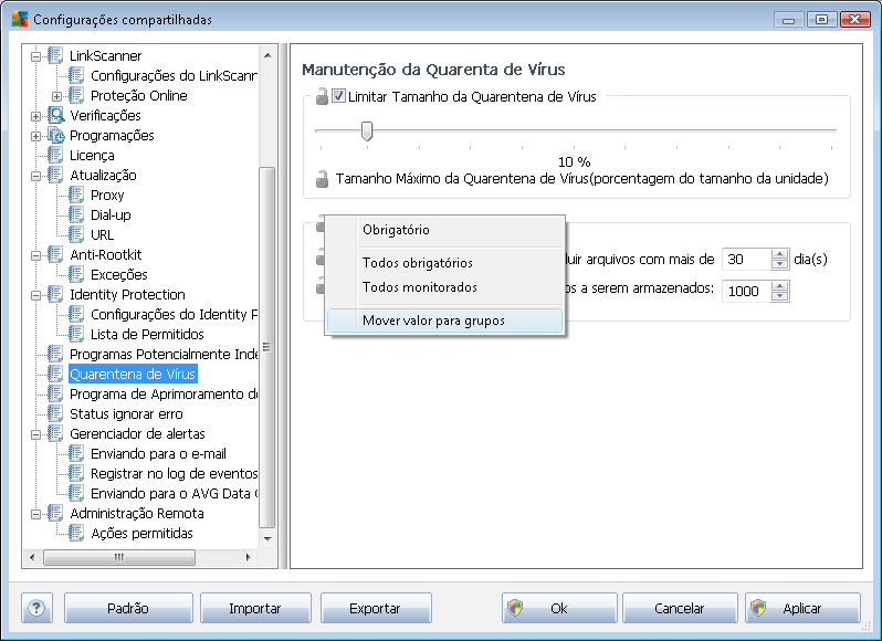 Para mover um valor pré-definido para todas as configurações de outro grupo, clique com o botão direito do mouse sobre a opção escolhida e, no menu de contexto, selecionemover valor para grupos.