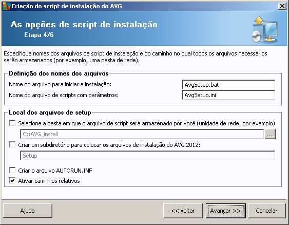 Nessa etapa você poderá especificar nomes de arquivos de script de instalação, seus armazenamentos e outras opções.