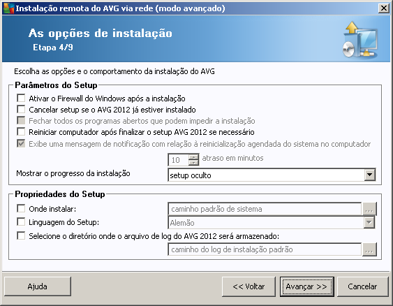 Na seçãoparâmetros de configuração, você pode escolher entre as seguintes opções: Ativar o firewall do Windows após a instalação - caso não pretenda instalar o componente de Firewall do AVG, você