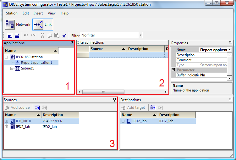 Figura 36 Aplicação DIGSI system configurator para a descrição de uma subestação Para facilitar a explicação dos resultados a Figura 36 foi seccionada e numerada recorrendo a três rectângulos