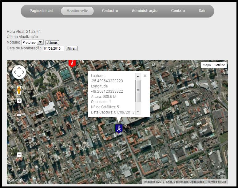 Dentre as opções na barra basta clicar em Monitoração que aparecerá a tela onde os dados de localização serão apresentados, como mostra a figura 59.