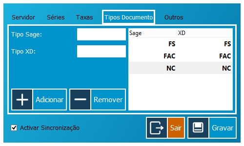 4 - Configuração de Tipos de Documento Neste separador irá relacionar os tipos de documento do XD com os tipos de documento do Sage.