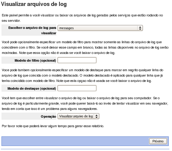 13.5.9 Visualizar Arquivos de Log Nesta seção você tem a possibilidade de ver os arquivos de log do sistema.