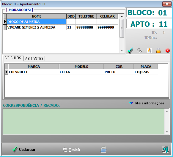 Tela: Apartamento VISUALIZAÇÃO DE MORADORES, VEÍCULOS, VISITANTES E RECADOS
