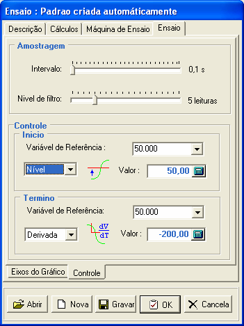 5. CONTROLE DO ENSAIO: A janela correspondente ao controle do ensaio é Ensaio / Controle, esta configuração fornece dados para o software determinar quando o ensaio mecânico iniciou e terminou. Fig.