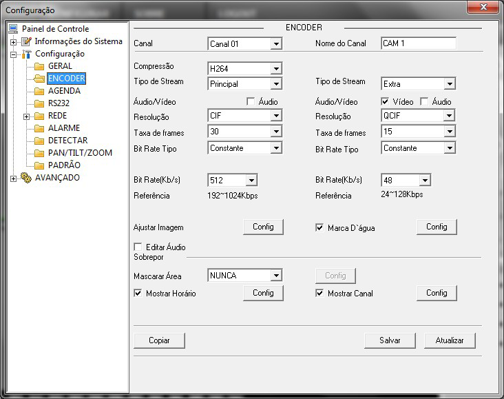 Encoder A tela Encoder é exibida conforme a figura a seguir: Encoder Canal: selecione o canal que deseja realizar o ajuste. Nome do Canal: possibilita alterar o nome do canal do dispositivo.