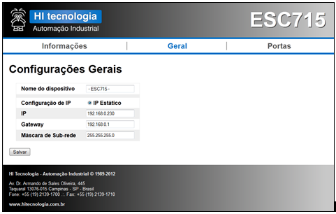 4.3.4.2 Página Geral Esta página apresenta configurações gerais sobre o módulo ESC715, permitindo alteração das mesmas.